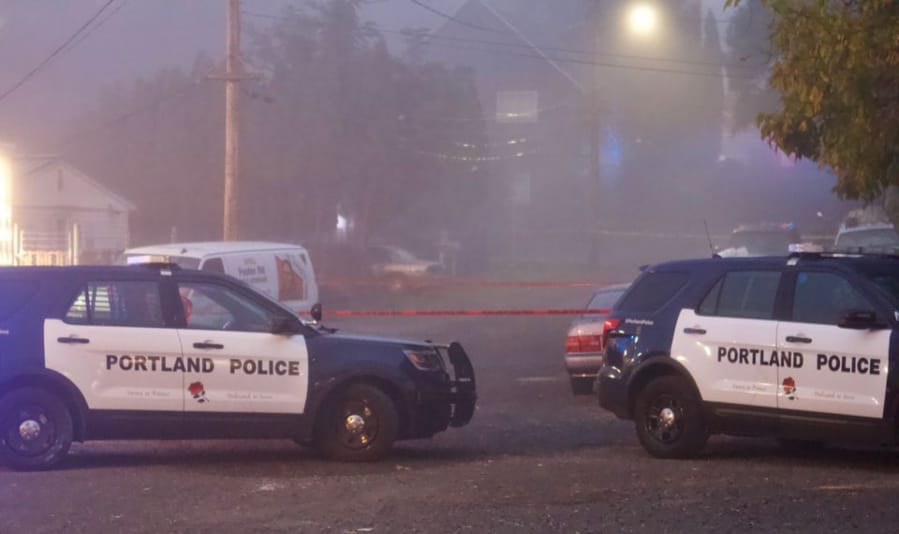 Portland police gather at the scene of a shooting in Portland&#039;s Parkrose  neighborhood. One person was killed.