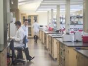 Forensic scientists Justin Knoy, left, and Laura Kelly laugh while working on a DNA sample at the Washington State Patrol Vancouver Crime Lab in March 2019. A new segment of the lab, aimed at clearing the statewide backlog of sexual assault kits, opened in June but is not fully operational due to ongoing COVID-19 testing demands.