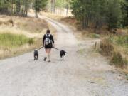 Kate Rau heads down the trail with Mac and Ivy, her two American Staffordshire terriers.