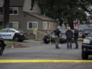 Officials investigate after a domestic violence investigation resulted in a non-fatal police shooting in Vancouver's Rose Village neighborhood on Monday morning, Oct. 5, 2020.