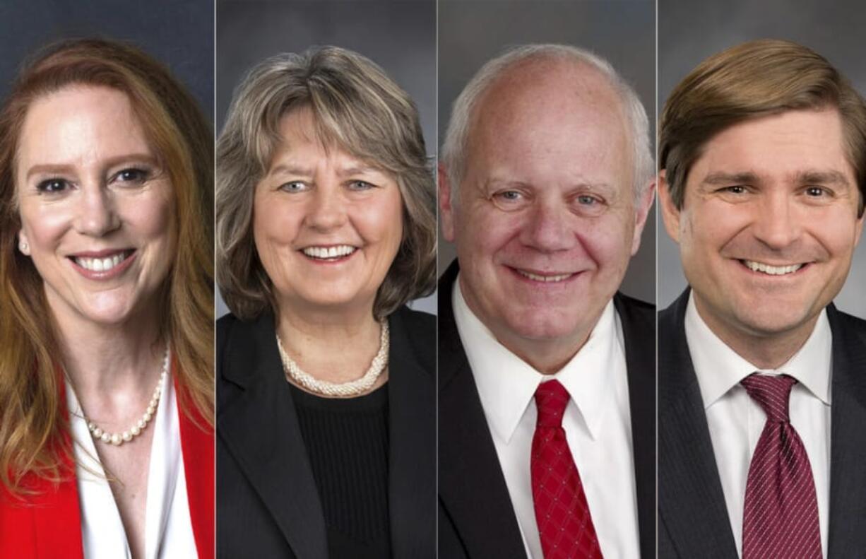 From left: Kim Wyman, Washington's Republican incumbent secretary of state; state Rep. Gael Tarleton, D-Seattle, who is challenging Wyman; state Treasurer Duane Davidson, a Republican; and state Rep. Mike Pellicciotti, D-Federal Way, who is challenging Davidson. (Photos provided by the candidates' campaigns.