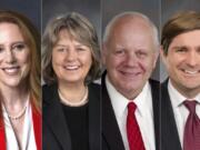 From left: Kim Wyman, Washington's Republican incumbent secretary of state; state Rep. Gael Tarleton, D-Seattle, who is challenging Wyman; state Treasurer Duane Davidson, a Republican; and state Rep. Mike Pellicciotti, D-Federal Way, who is challenging Davidson. (Photos provided by the candidates' campaigns.