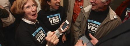 WEB ONLY Pro-charter supporters, from left, Betty Sue Morris, Patty Reyes and Joe Toscano react to early election results at Grant House on Election night in 2014. Morris was co-chair for the campaign.