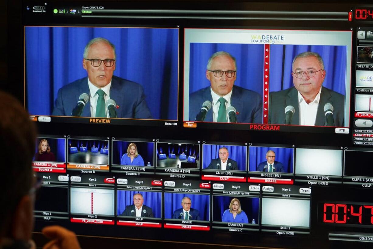 Washington gubernatorial candidates Gov. Jay Inslee, a Democrat, left, and Loren Culp, a Republican, right, are shown on a monitor in a video control room at the studios of TVW, Wednesday, Oct. 7, 2020, in Olympia, Wash., as they take part in a debate. Due to concerns over COVID-19, each candidate took part in the debate from individual rooms separate from moderators. (AP Photo/Ted S.