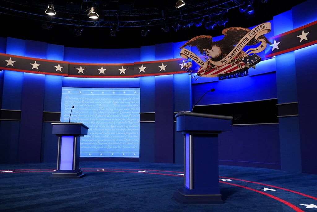 The debate stage is set ahead of the start of the second and final presidential debate Thursday, Oct. 22, 2020, at Belmont University in Nashville, Tenn.