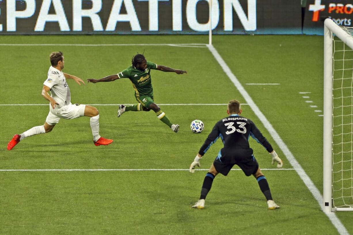 Portland Timbers' Yimmi Chara chases down the ball during the first half of the team's MLS soccer match against the LA Galaxy on Wednesday, Oct. 28, 2020, in Portland, Ore.