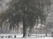 Snow falls on the Public Garden, Friday, Oct. 30, 2020, in Boston.