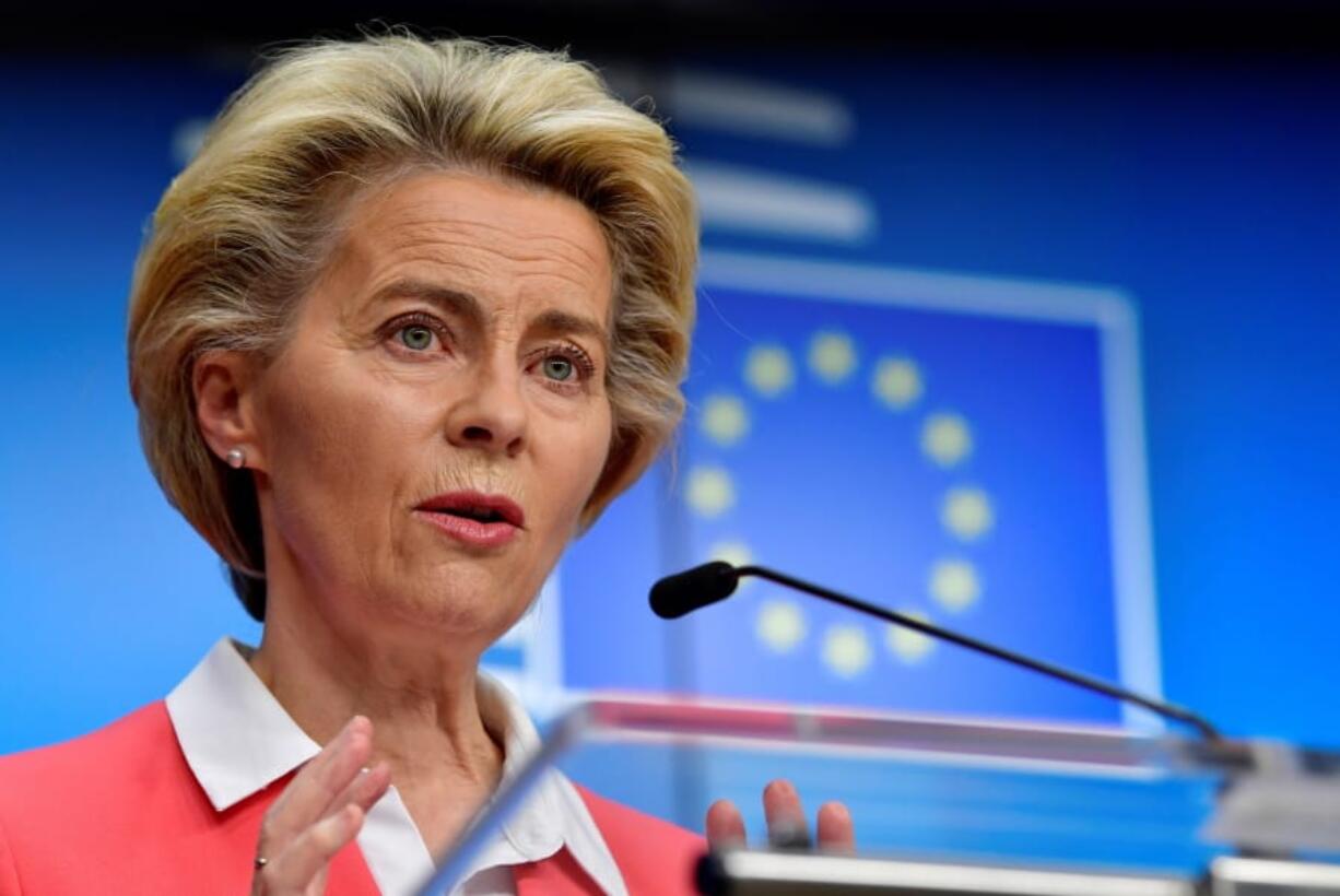 European Commission President Ursula von der Leyen speaks during a press conference at an EU summit in Brussels, Friday, Oct. 2, 2020. European Union leaders assessed the state of their economy and the impact of the coronavirus pandemic on it during their final day of a summit meeting.