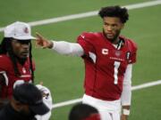 Arizona Cardinals&#039; Kyler Murray (1) waves to fans in the stands in the first half of an NFL football game against the Dallas Cowboys in Arlington, Texas, Monday, Oct. 19, 2020.