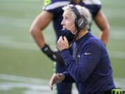 Seattle Seahawks head coach Pete Carroll reacts on the sidelines during the second half of an NFL football game against the Dallas Cowboys, Sunday, Sept. 27, 2020, in Seattle.