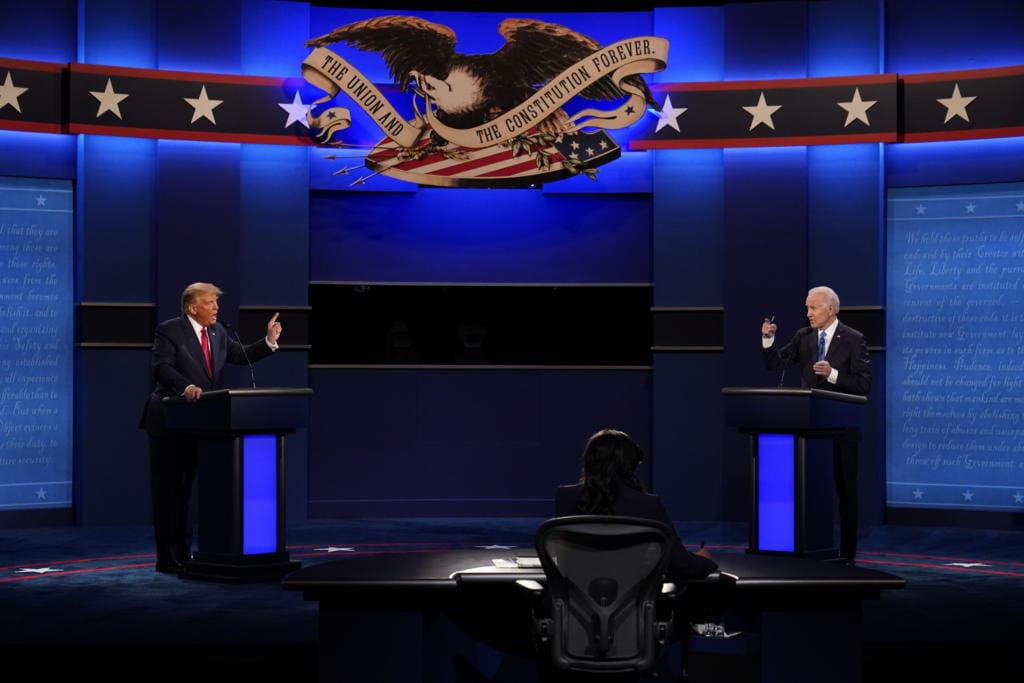 President Donald Trump, left, and Democratic presidential candidate former Vice President Joe Biden during the second and final presidential debate Thursday, Oct. 22, 2020, at Belmont University in Nashville, Tenn.