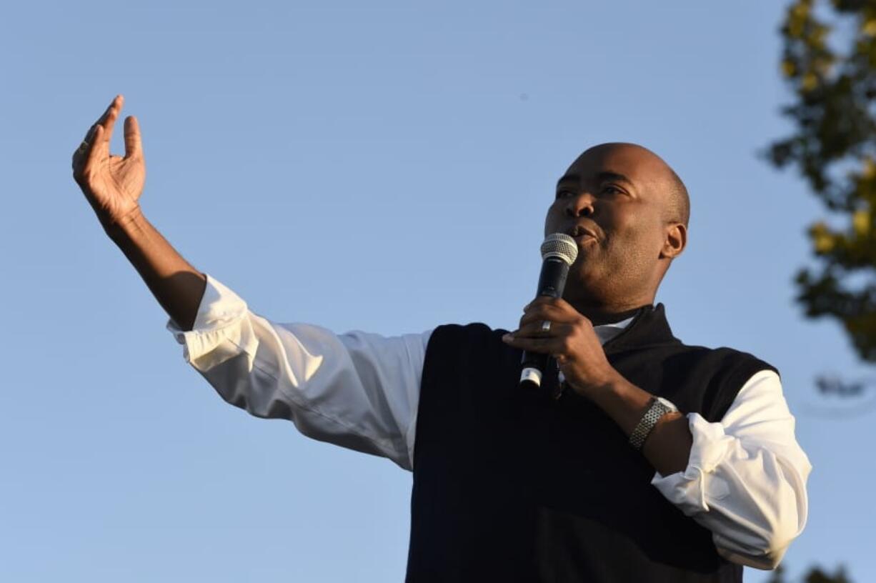 Democratic U.S. Senate candidate Jaime Harrison speaks at a campaign rally on Saturday, Oct. 17, 2020, in North Charleston, S.C.