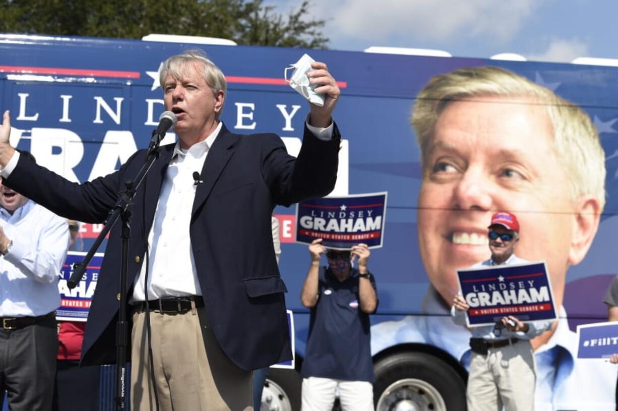 Republican U.S. Sen. Lindsey Graham of South Carolina speaks to supporters at a get-out-the-vote rally on Friday, Oct. 16, 2020, in North Charleston, S.C.