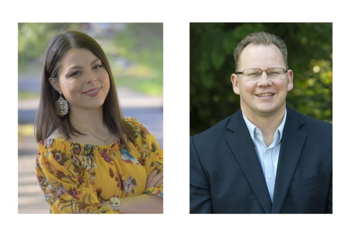 Maia Espinoza, left, a candidate for Washington state Superintendent of Public Instruction, is challenging incumbent state superintendent Chris Reykdal, right, shown in an AP photo taken Oct. 2, 2020 in Olympia, Wash., in the upcoming November election. (Monica Marchetti/via AP) (AP Photo/Ted S.