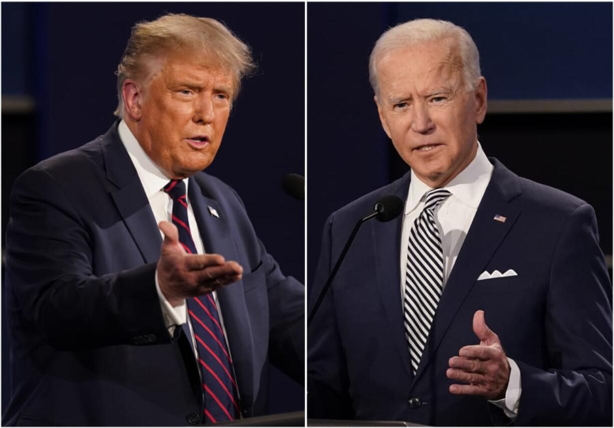 FILE - This combination of Sept. 29, 2020,  file photos shows President Donald Trump, left, and former Vice President Joe Biden during the first presidential debate at Case Western University and Cleveland Clinic, in Cleveland, Ohio. Amid the tumult of the 2020 presidential campaign, one dynamic has remained constant: The Nov. 3 election offers voters a choice between substantially different policy paths.