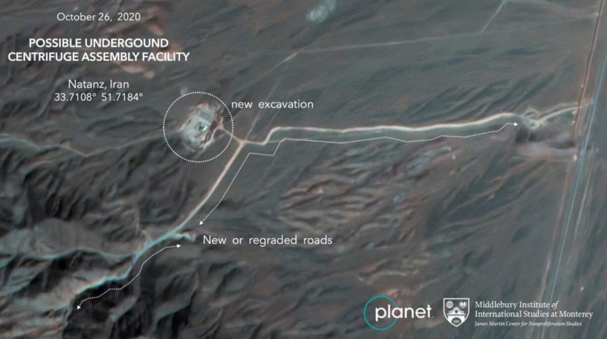 This Monday, Oct. 26, 2020, satellite image from Planet Labs Inc. that has been annotated by experts at the James Martin Center for Nonproliferation Studies at Middlebury Institute of International Studies shows construction at Iran&#039;s Natanz uranium-enrichment facility that experts believe may be a new, underground centrifuge assembly plant. Satellite photos show Iran has begun construction at its Natanz nuclear facility. That&#039;s after the head of the U.N.&#039;s nuclear agency acknowledged Tehran is building an underground advanced centrifuge assembly plant after its last one exploded in a reported sabotage attack last summer. (Planet Labs Inc.