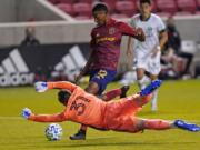 Portland Timbers goalkeeper Aljaz Ivacic (31) makes a save against Real Salt Lake in the first half of an MLS soccer match Wednesday, Oct. 14, 2020, in Sandy, Utah.