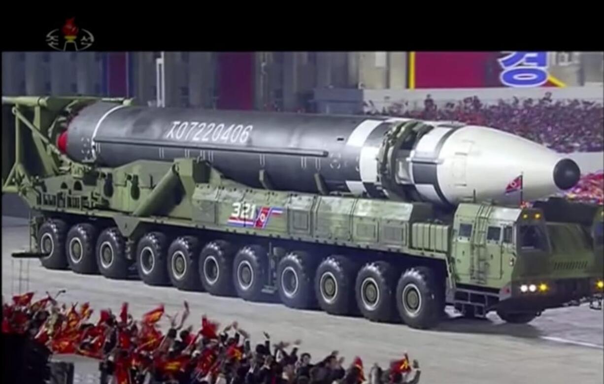 This image made from video broadcasted by North Korea&#039;s KRT, shows a military parade with what appears to be possible new intercontinental ballistic missile at the Kim Il Sung Square in Pyongyang, Saturday, Oct. 10, 2020. North Korean leader Kim Jong Un warned Saturday that his country would &quot;fully mobilize&quot; its nuclear force if threatened as he took center stage at a massive military parade to mark the 75th anniversary of the country&#039;s ruling party.