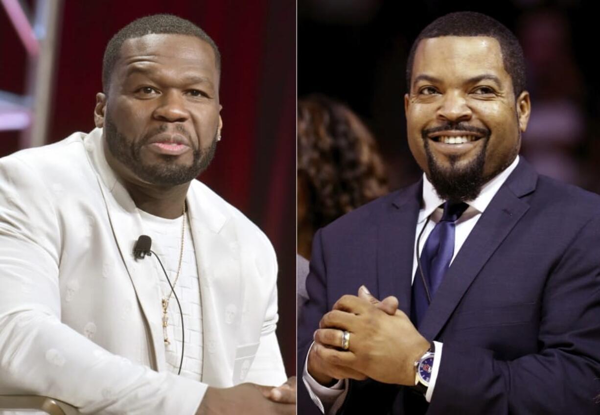 Curtis &quot;50 Cent&quot; Jackson participates in the Starz &quot;Power&quot; panel at the Television Critics Association Summer Press Tour in Beverly Hills, Calif., on July 26, 2019, left, and BIG3 League founder Ice Cube at the debut of the BIG3 Basketball League in New York on June 25, 2017. An altered photo of the rappers in hats that appear to show support for President Donald Trump circulated widely on social media Tuesday, fueled in part by a tweet by Eric Trump. The manipulated image was shared thousands of times on Twitter and Facebook since it began gaining attention on Monday.