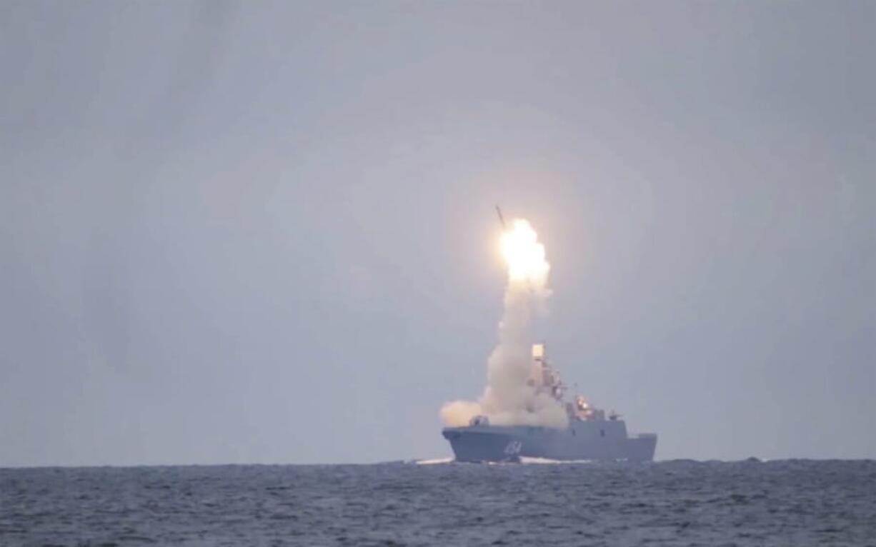 In this photo taken from a video distributed by Russian Defense Ministry Press Service on Oct. 7, 2020, Russian Zircon hypersonic cruise missile is launched from the Admiral Groshkov frigate, in the White Sea, north of Russia. The Russian military has reported a successful test launch of the new Zircon hypersonic cruise missile, giving the news to Russian President Vladimir Putin on his 68th birthday.