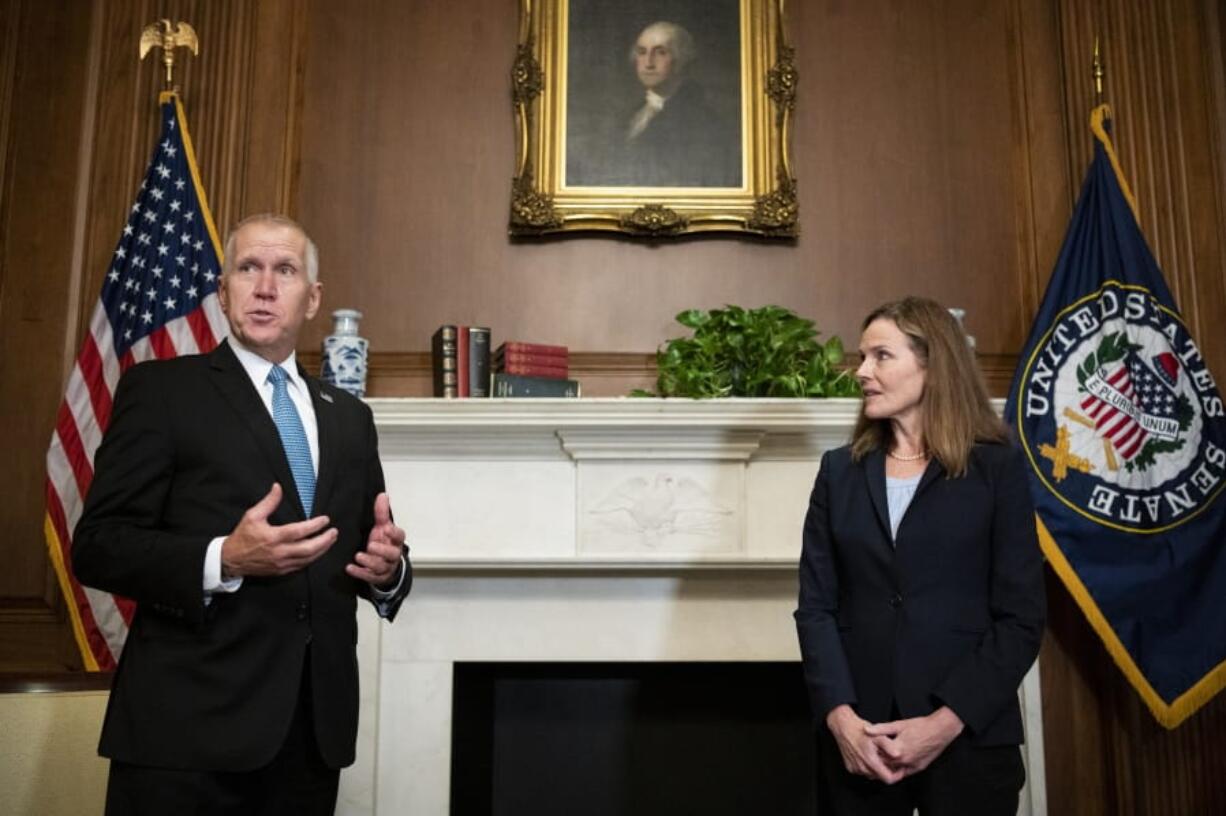 Sen. Thom Tillis, R-N.C., meets with Judge Amy Coney Barrett, President Donald Trump&#039;s nominee to the Supreme Court at the U.S. Capitol Wednesday, Sept. 30, 2020, in Washington.