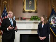 Sen. Thom Tillis, R-N.C., meets with Judge Amy Coney Barrett, President Donald Trump&#039;s nominee to the Supreme Court at the U.S. Capitol Wednesday, Sept. 30, 2020, in Washington.