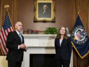 Sen. Thom Tillis, R-N.C., meets with Judge Amy Coney Barrett, President Donald Trump&#039;s nominee to the Supreme Court at the U.S. Capitol Wednesday, Sept. 30, 2020, in Washington.