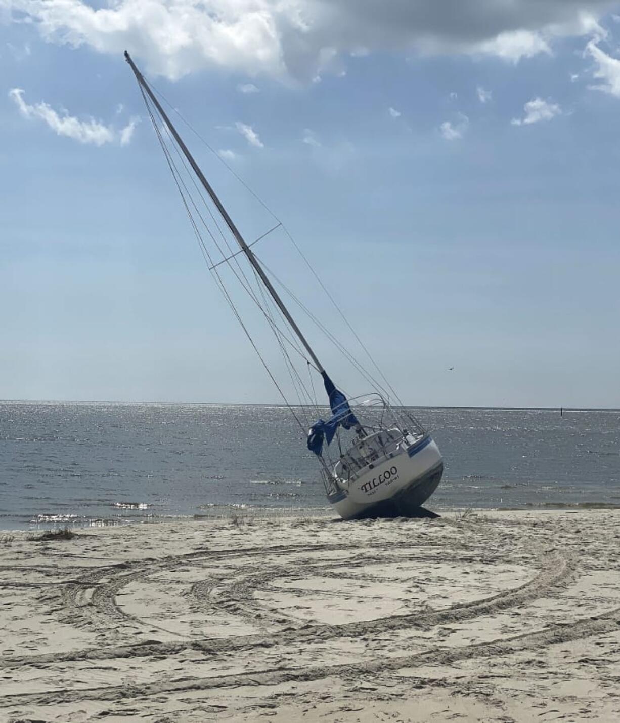 Pass Christian Sailboat washes ashore in Long Beach after the Hurricane Delta high force winds on Saturday, Oct. 10, 2020.