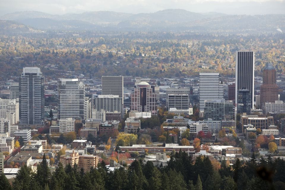 A view of downtown Portland from Pittock Mansion.