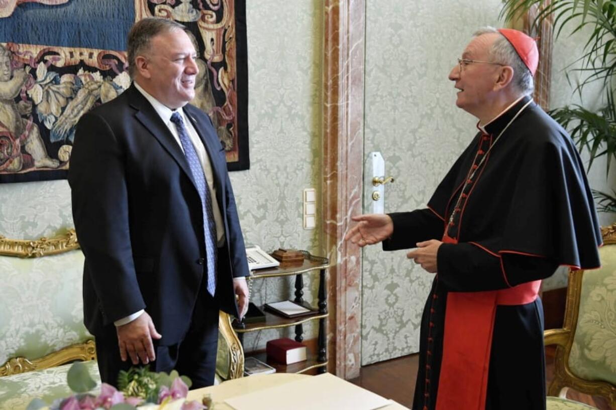 U.S. Secretary of State Mike Pompeo meets Vatican Secretary of State Cardinal Pietro Parolin, at the Vatican, Thursday, Oct. 1, 2020. Pompeo is meeting Thursday with top Vatican officials, a day after tensions over U.S. opposition to the Vatican&#039;s China policy spilled out in public.