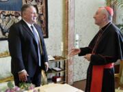 U.S. Secretary of State Mike Pompeo meets Vatican Secretary of State Cardinal Pietro Parolin, at the Vatican, Thursday, Oct. 1, 2020. Pompeo is meeting Thursday with top Vatican officials, a day after tensions over U.S. opposition to the Vatican&#039;s China policy spilled out in public.