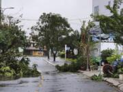 Broken tree branches caused by strong winds from typhoon Molave lie on a deserted street in Da Nang, Vietnam Wednesday, Oct. 28, 2020. Typhoon Malove sank a few fishing boats as it approached Vietnam&#039;s south central coast on Wednesday morning.