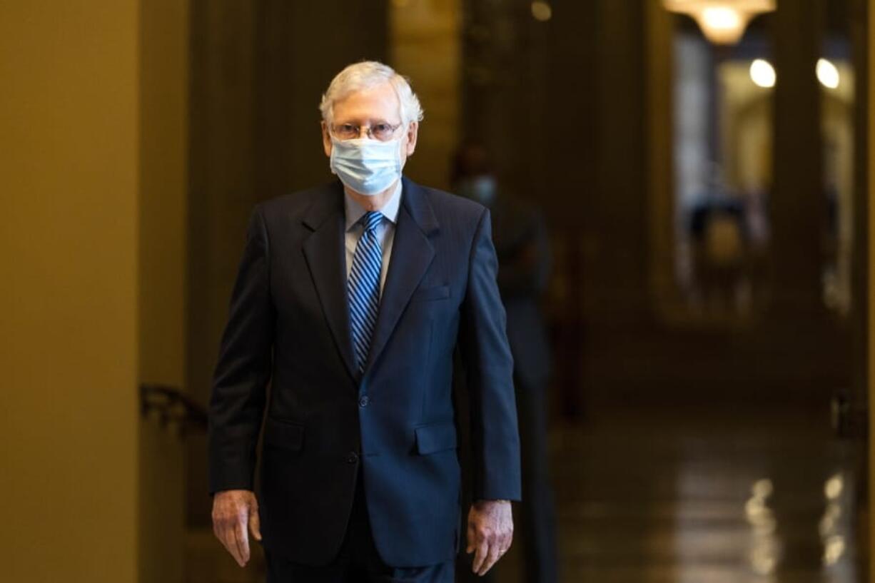 FILE - In this Oct. 1, 2020, file photo Senate Majority Leader Sen. Mitch McConnell of Ky. walks towards the Senate floor on Capitol Hill in Washington. New virus relief will have to wait until after the November election. The architect of the Senate measure, McConnell, isn&#039;t claiming the vote will advance the ball. Once the measure fails, he plans to turn the chamber&#039;s full attention to cementing a 6-3 conservative majority on the Supreme Court by confirming Judge Amy Coney Barrett.