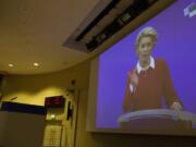 European Commission President Ursula von der Leyen speaks via video conference into a press room at EU headquarters in Brussels, Wednesday, Oct. 28, 2020. The European Commission on Wednesday, is launching an additional set of actions, to help limit the spread of the coronavirus, save lives and strengthen the internal market&#039;s resilience.