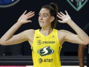 Seattle Storm forward Breanna Stewart (30) celebrates after the team defated the Las Vegas Aces during Game 1 of basketball&#039;s WNBA Finals Friday, Oct. 2, 2020, in Bradenton, Fla.