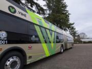 A 60-foot Vine bus pictured at the C-Tran maintenance center in Vancouver.