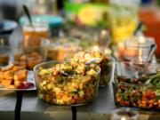 Recipes from &quot;The Pickled Picnic.&quot; Foreground, left to right: Crispy Brine-Glazed Tofu, Pickled Three-Bean Salad, and Spiced Chickpeas With Fermented Rhubarb.