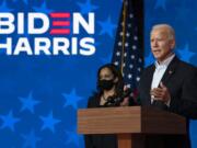 Democratic presidential candidate former Vice President Joe Biden joined by Democratic vice presidential candidate Sen. Kamala Harris, D-Calif., speaks at the The Queen theater Thursday, Nov. 5, 2020, in Wilmington, Del.