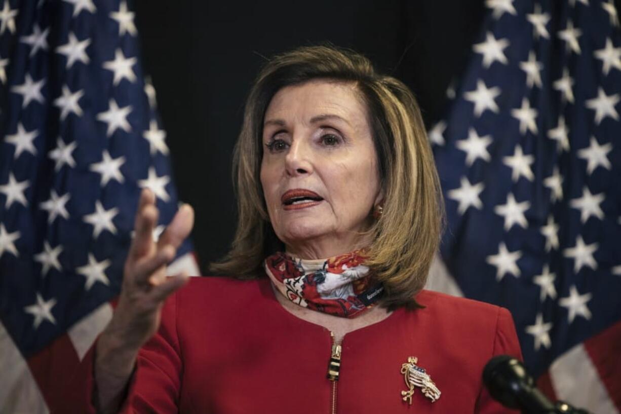 Speaker of the House Nancy Pelosi, D-Calif., talks to reporters about Election Day results in races for the House of Representatives, at Democratic National Committee headquarters in Washington, Tuesday, Nov. 3, 2020. She was joined on a video call by Rep. Cheri Bustos, D-Ill., chairwoman of the Democratic Congressional Campaign Committee.