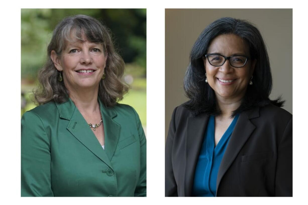 FILE - This combination of Sept. 25, 2020, photos shows State Rep. Beth Doglio, left, and former Tacoma Mayor Marilyn Strickland in Wash. Both women are Democrats and are facing each other in the election for the next representative of Washington&#039;s 10th congressional district. (AP Photo/Ted S.