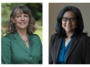 FILE - This combination of Sept. 25, 2020, photos shows State Rep. Beth Doglio, left, and former Tacoma Mayor Marilyn Strickland in Wash. Both women are Democrats and are facing each other in the election for the next representative of Washington&#039;s 10th congressional district. (AP Photo/Ted S.