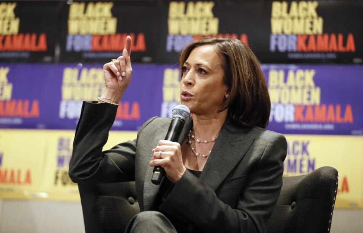 FILE - Sen. Kamala Harris, D-Calif., speaks at a Black Women&#039;s Power Breakfast co-hosted by Higher Heights and The Collective PAC at the Westin in Atlanta, in this Nov. 21, 2019, file photo. Women&#039;s advocates are celebrating the ascension of Harris to the second highest office in the land.