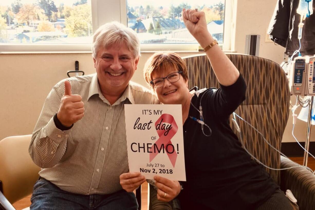 Breast cancer survivor Linda Green poses with her husband, Chuck Green, in November 2018 during her last day of chemotherapy. Green&#039;s aggressive cancer was detected early. There has been a drop in mammogram screenings at Legacy Salmon Creek Medical Center because of the pandemic.