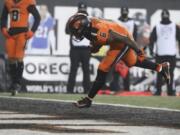 Oregon State running back Jermar Jefferson scores a touchdown during the second half of an NCAA college football game against Oregon in Corvallis, Ore., Friday, Nov. 27, 2020. Oregon State won 41-38.