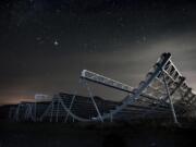 The Canadian Hydrogen Intensity Mapping Experiment collaboration shows the CHIME radio telescope at the Dominion Radio Astrophysical Observatory in Kaleden, B.C.