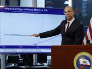 FILE - In this April 1, 2020, file photo Dr. Mark Ghaly, secretary of the California Health and Human Services, gestures to a chart showing the impact of the mandatory stay-at-home orders during a news conference ,at the Governor&#039;s Office of Emergency Services in Rancho Cordova, Calif. On Saturday, California will impose another, partial overnight curfew to stem a recent surge in coronavirus cases. Ghaly said that about 12% of the new cases will be hospitalized in coming weeks, and the cumulative increase could soon threaten to swamp the state&#039;s healthcare system as it has in other states. The curfew will run from 10 p.m. to 5 a.m.