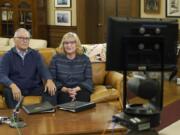 Washington Gov. Jay Inslee and his wife, Trudi, rehearse in the governor's office as they prepare to make a statewide televised address on COVID-19, which health officials have warned is accelerating rapidly throughout the state, Thursday, Nov. 12, 2020, at the Capitol in Olympia, Wash. (AP Photo/Ted S.