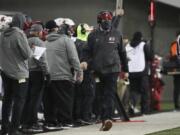 Washington State coach Nick Rolovich along the sideline during the first half of the team&#039;s NCAA college football game against Oregon State in Corvallis, Ore., Saturday, Nov. 7, 2020.