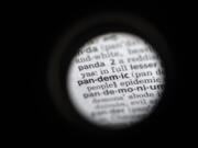 In this Saturday, Nov. 21, 2020, photo taken through a camera lens the word &quot;pandemic&quot; in seen in a dictionary in Washington. Dictionary.com declared &quot;pandemic&quot; its 2020 word of the year.