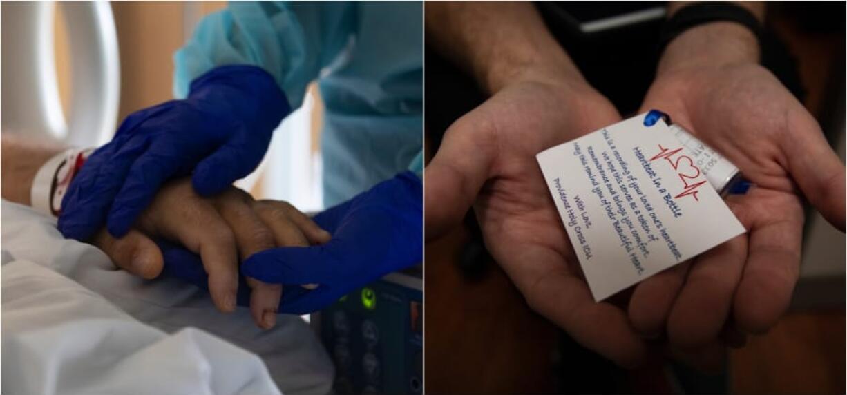 Left: Michael Harris, 19, rests his gloved hands on his fatherCfUs arm. He will barely move for the next half-hour or so. Right: Chaplain Kevin Deegan holds a tube containing the paper image of Bob HarrisCfU heartbeat.